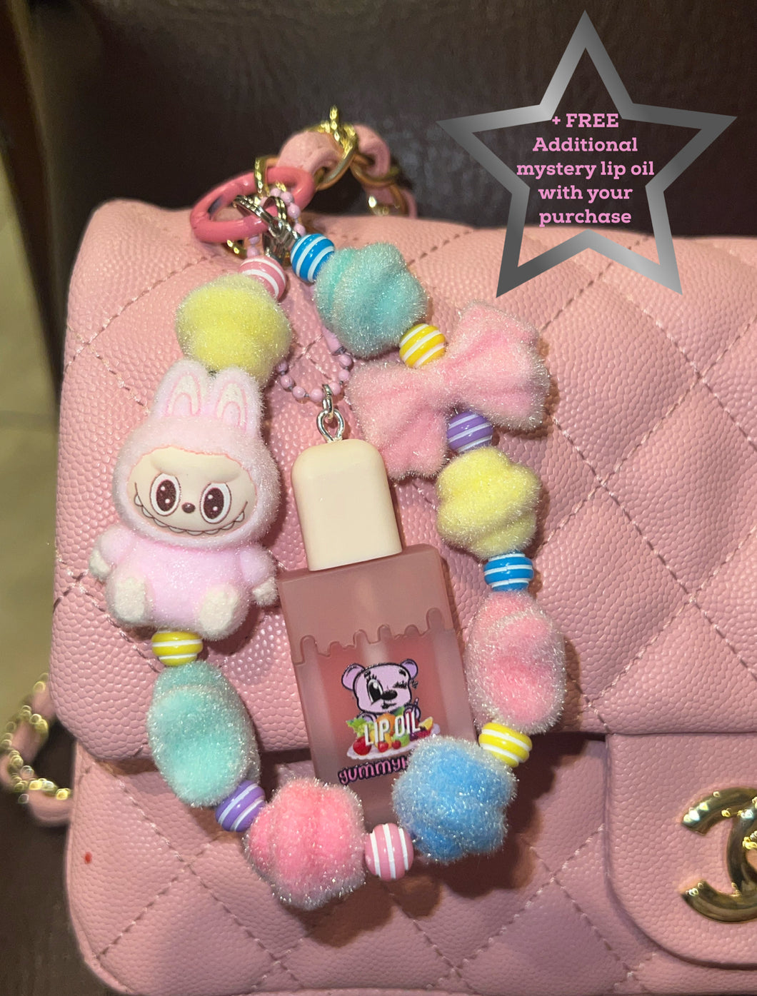 flocked pink bubu lippie bag charm